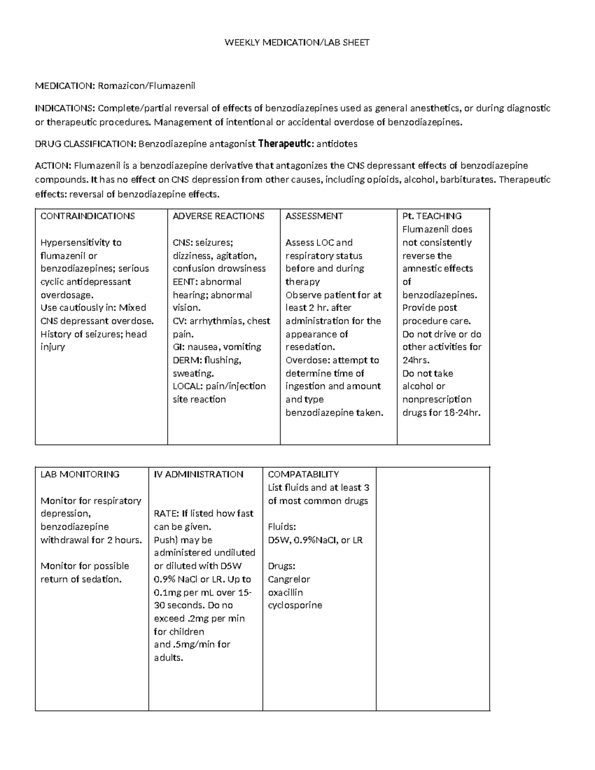 Med Card-Romazicon - Medication - WEEKLY MEDICATION/LAB SHEET ...