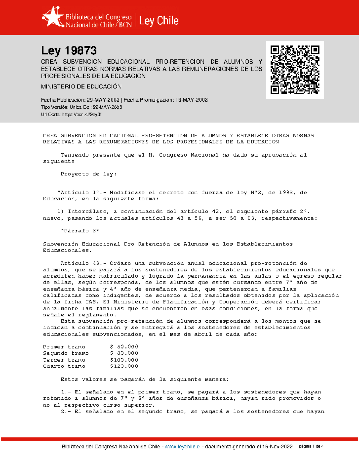 LEY-19873 29-MAY-2003 - Ley 19873 CREA SUBVENCION EDUCACIONAL PRO ...