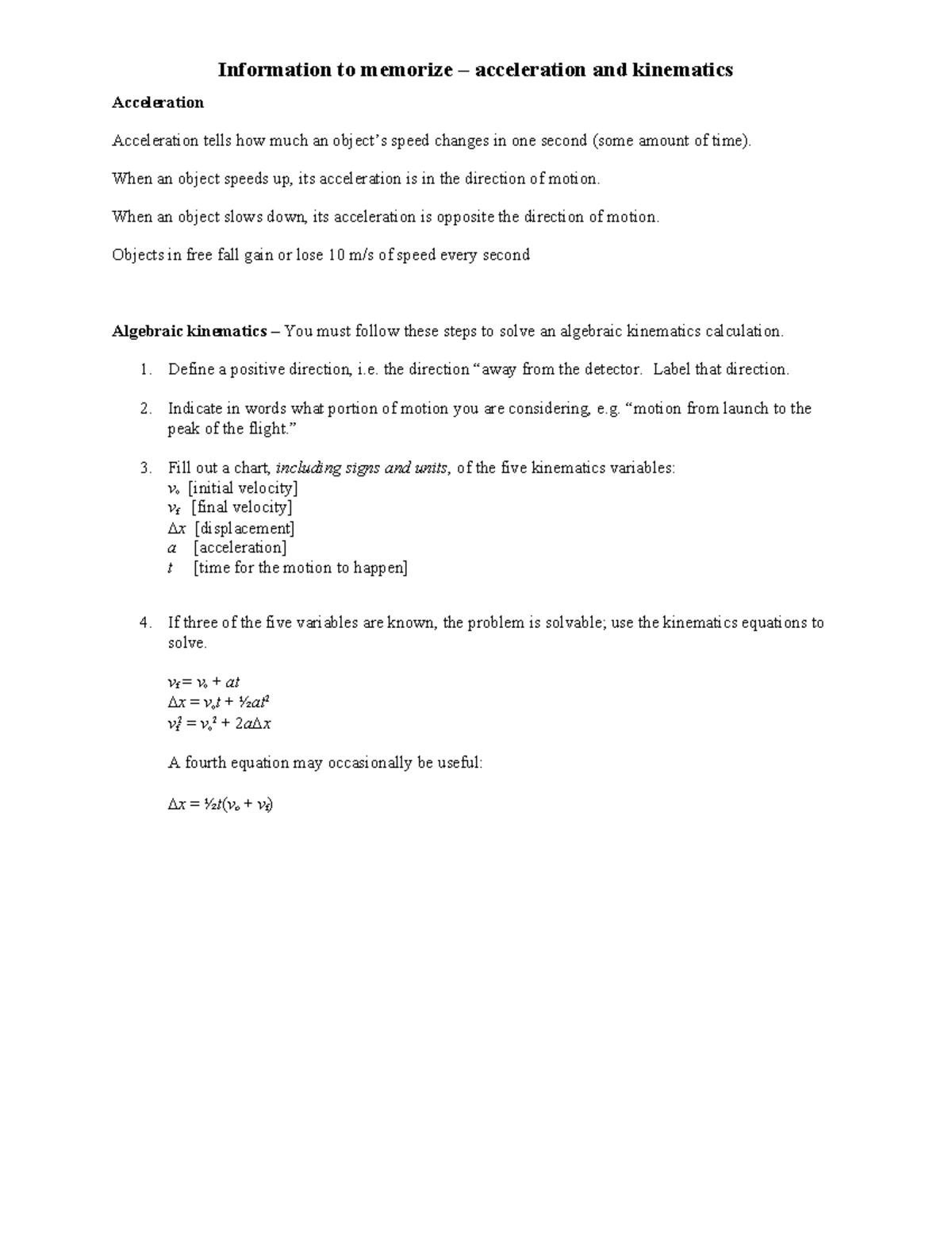 Kinematics notes 2 - Information to memorize – acceleration and ...