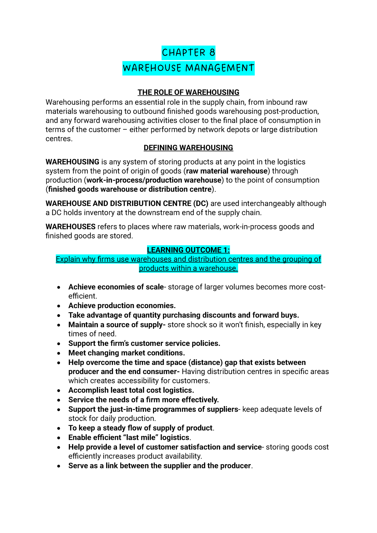 OBS 210- Chapter 8- Warehousing Management - CHAPTER 8 WAREHOUSE ...