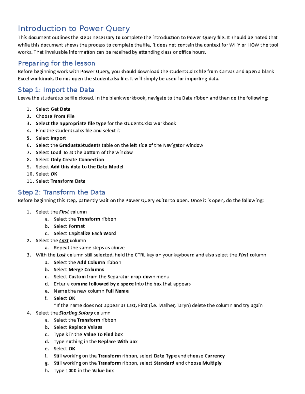 Day 1 - Introduction to Power Query Steps - Introduction to Power Query ...