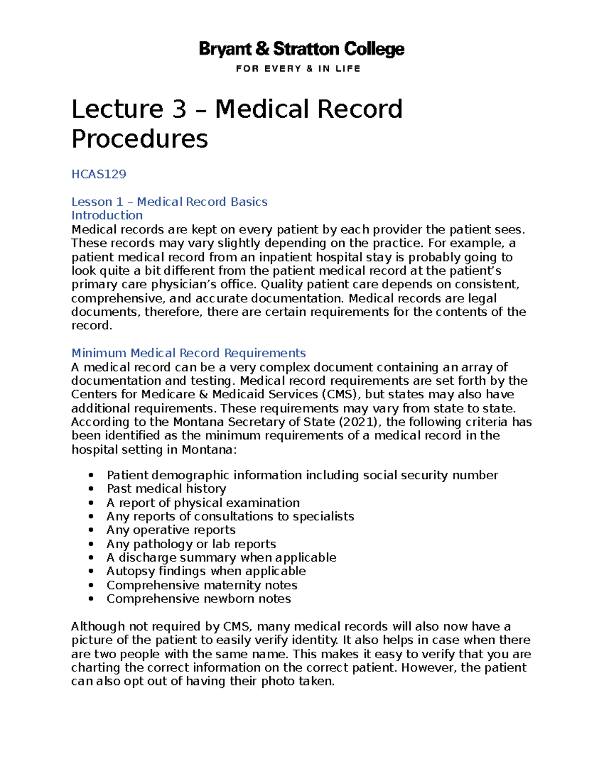 HCAS129 - Lecture 3 - Medical Record Procedures - HCAS129 - BSC - Studocu