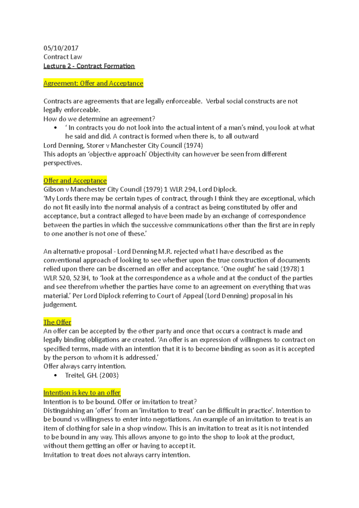 Lecture 2 - Contract Formation - 05/10/ Contract Law Lecture 2 ...