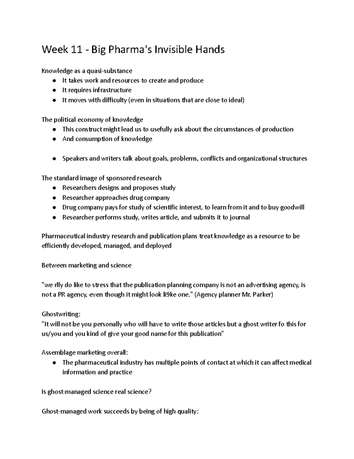 PHIL 111 Week 11 Notes - Sergio Sismondo - Week 11 - Big Pharma's ...
