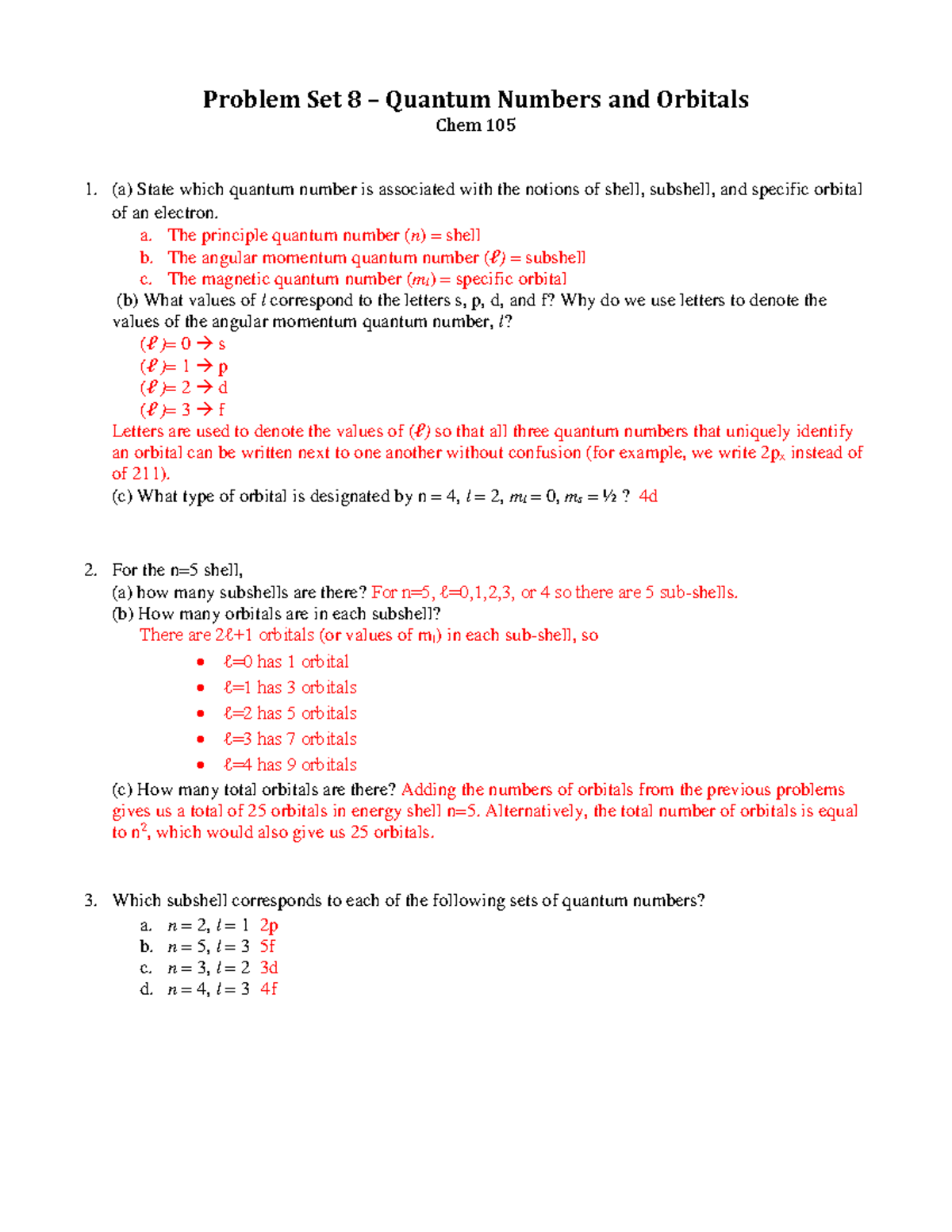 quantum numbers subshells