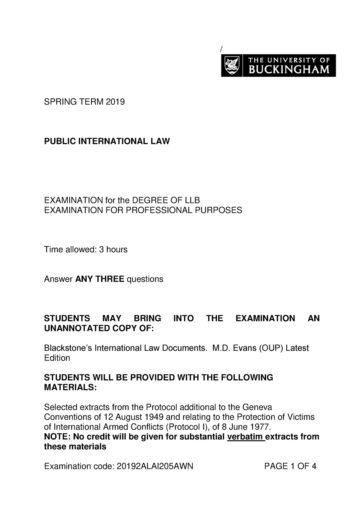 Spring 2019 Past Paper - Law -   Spring Term 2019 Public International 