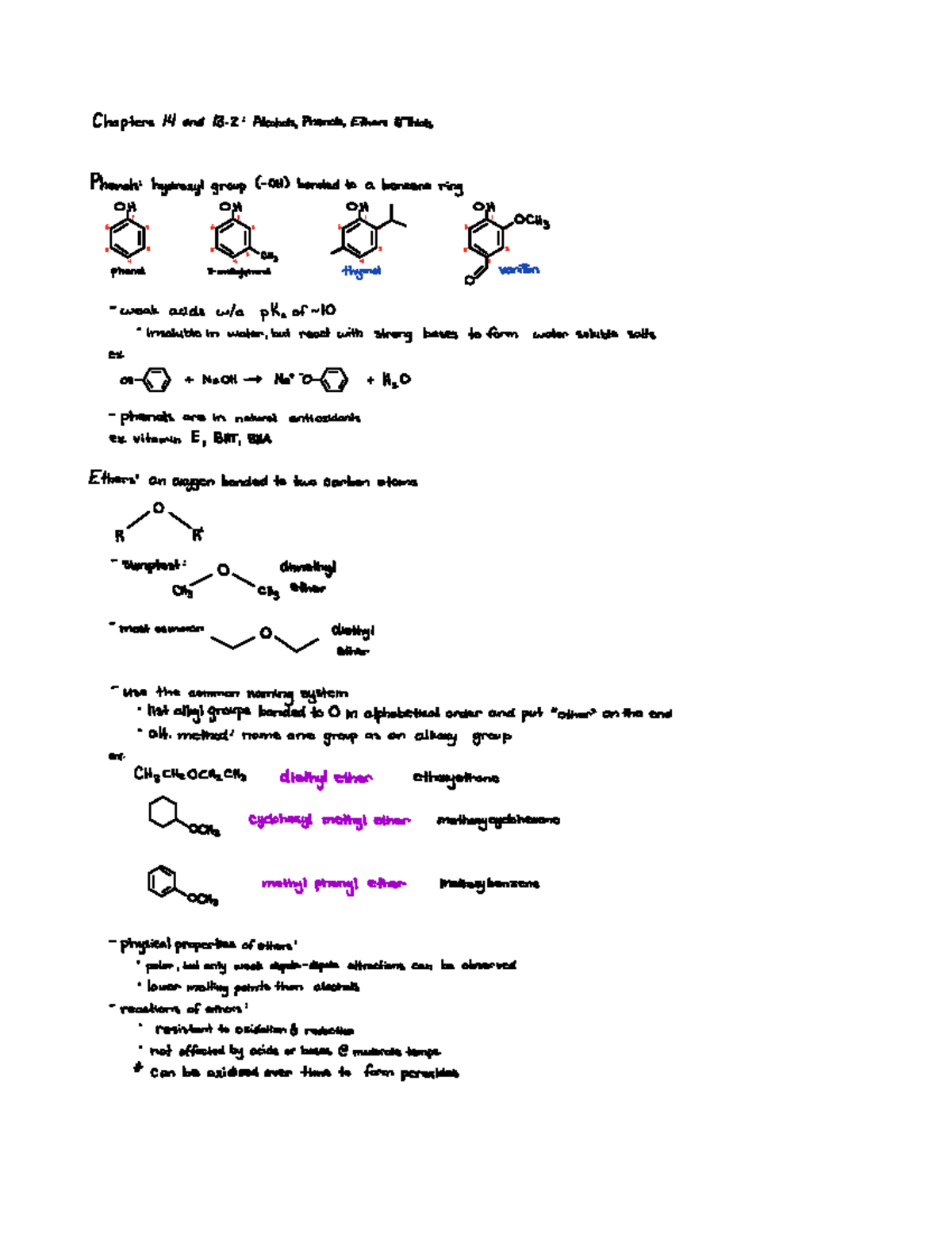 Chem 123 notes for exam 2 - Chapters 14 and13 AlcoholsPhenolsEthers ...