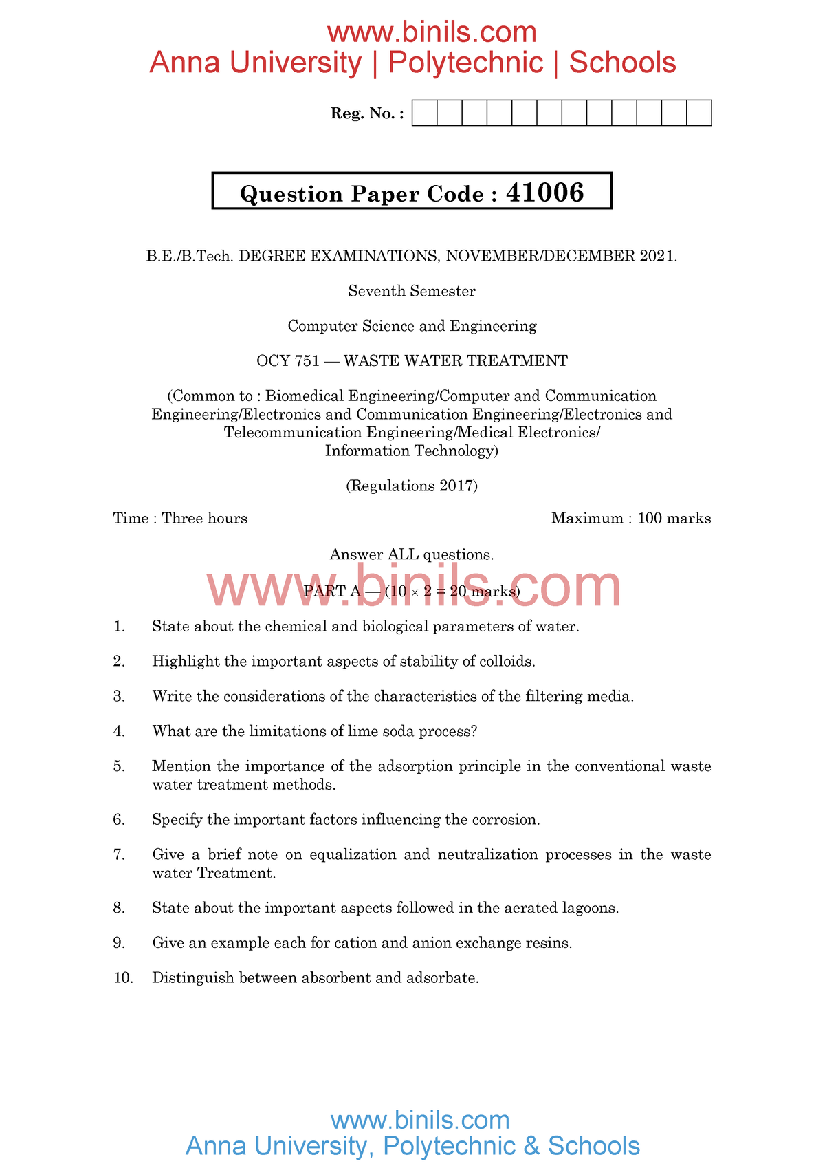 OCY 751 Waste Water Treatment - Reg. No. : B.E./B. DEGREE EXAMINATIONS ...