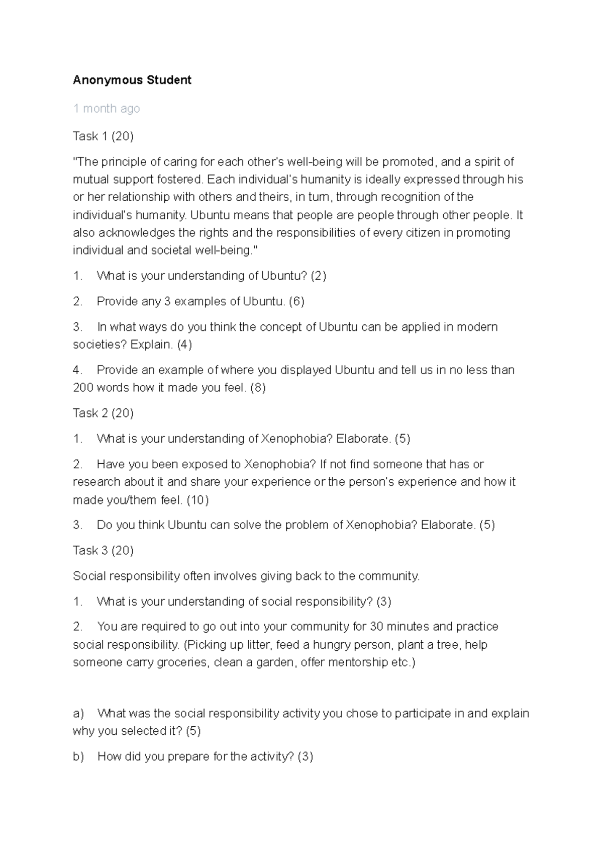 Assessment 5 Questions - Anonymous Student 1 month ago Task 1 (20) "The ...