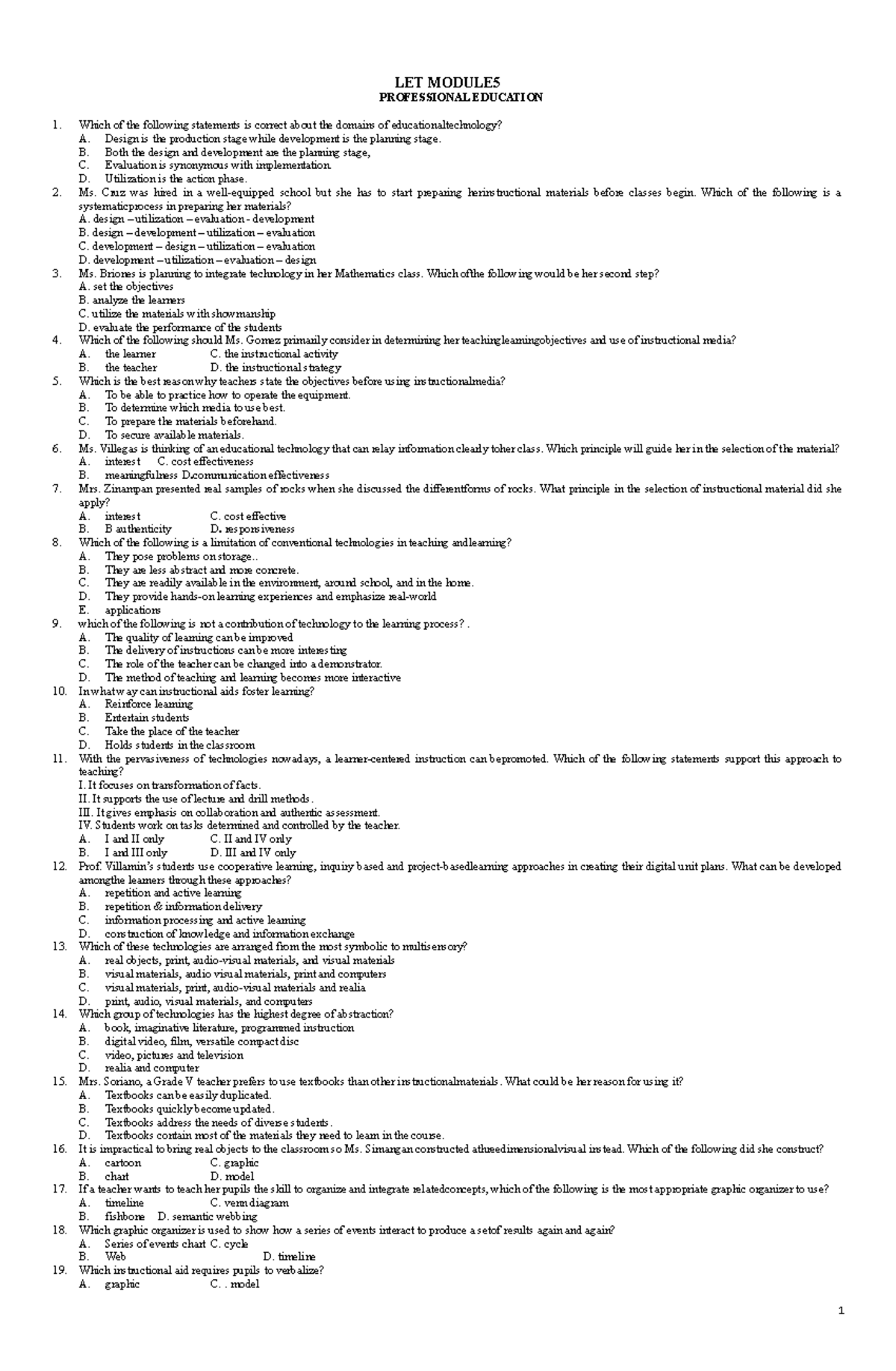 LET Module 4 - LET DRILLS - LET MODULE PROFESSIONAL EDUCATION Which of ...