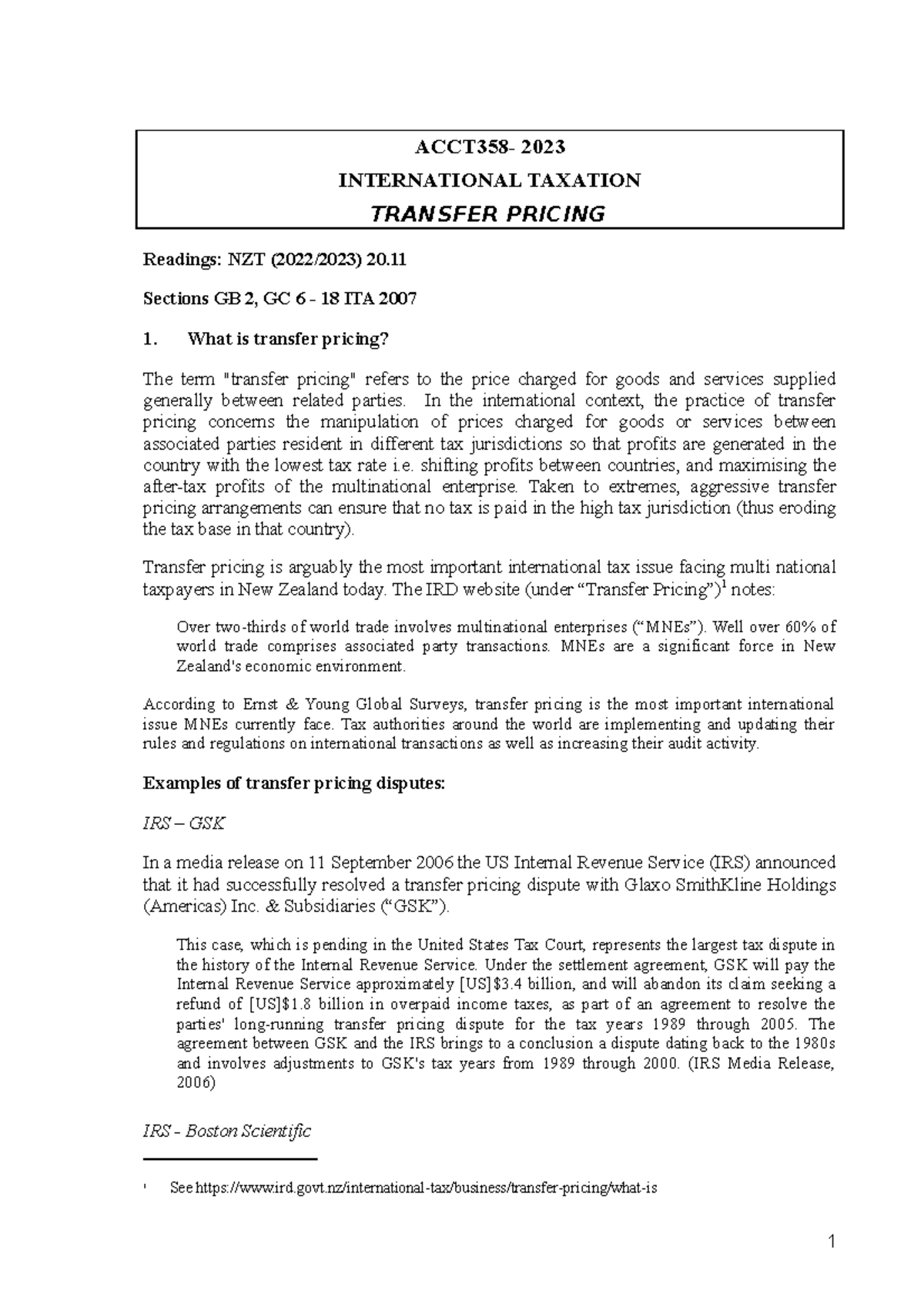 International Tax Transfer Pricing 2023 ACCT358 2023 INTERNATIONAL