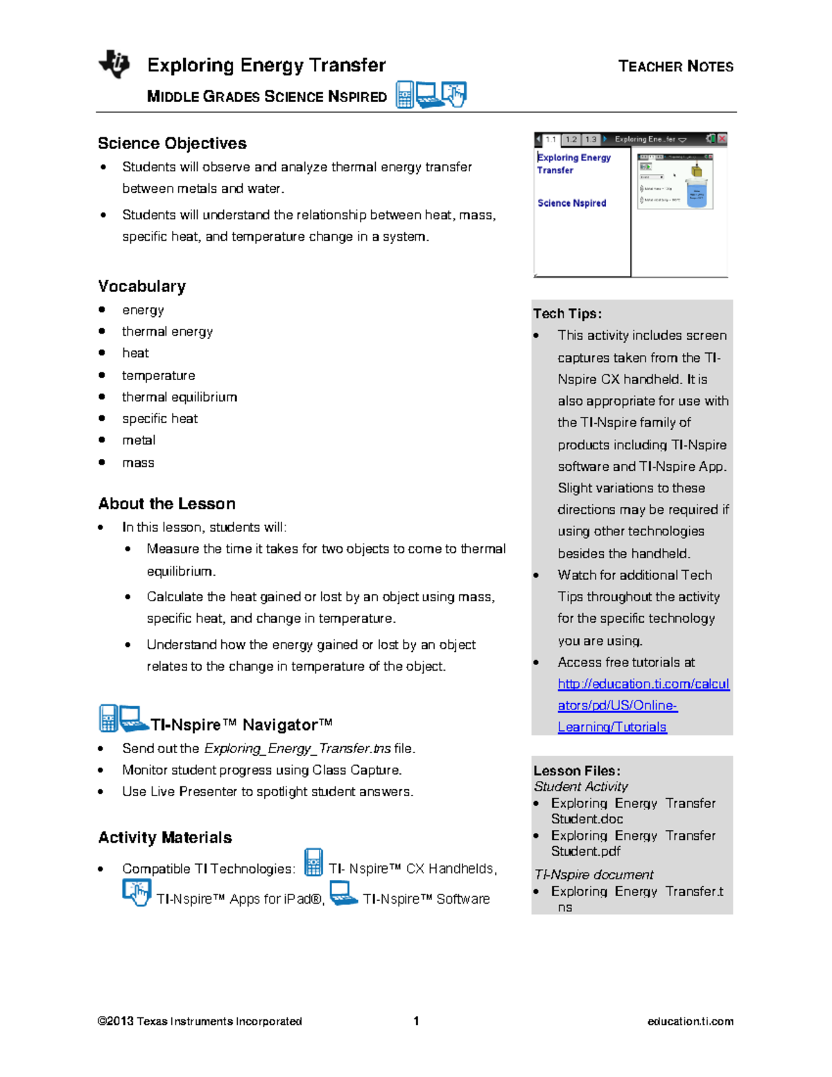 Exploring Energy Transfer Teacher - MIDDLE GRADES SCIENCE NSPIRED ...