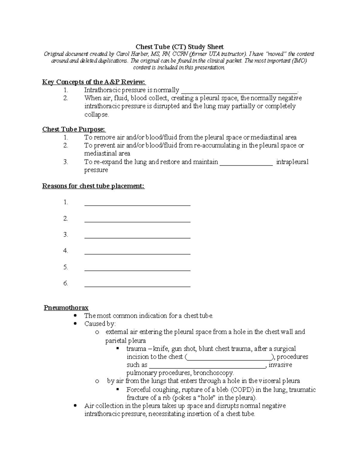 Chest Tube Study Sheet - Chest Tube (CT) Study Sheet Original document ...