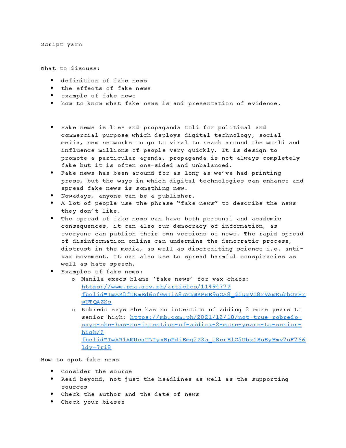 Paper about the issuesin fake news Script yarn What to discuss