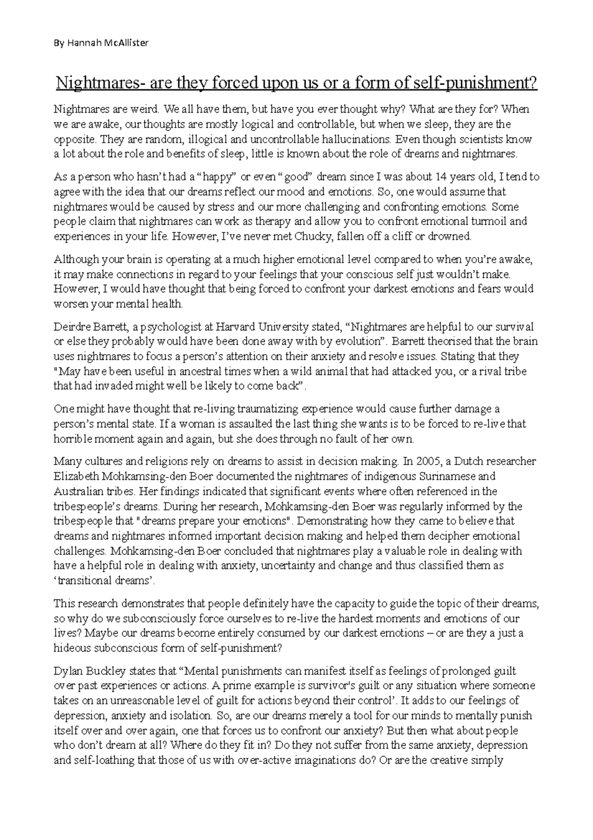 The Purpose of Nightmares Discursive writing By Hannah McAllister