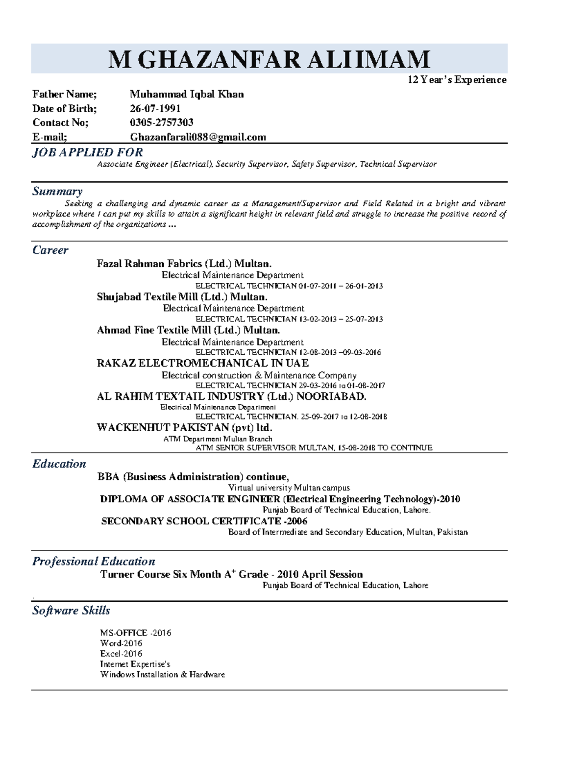 Ghazanfar Ali CV - M GHAZANFAR ALI IMAM Father Name; Muhammad Iqbal ...