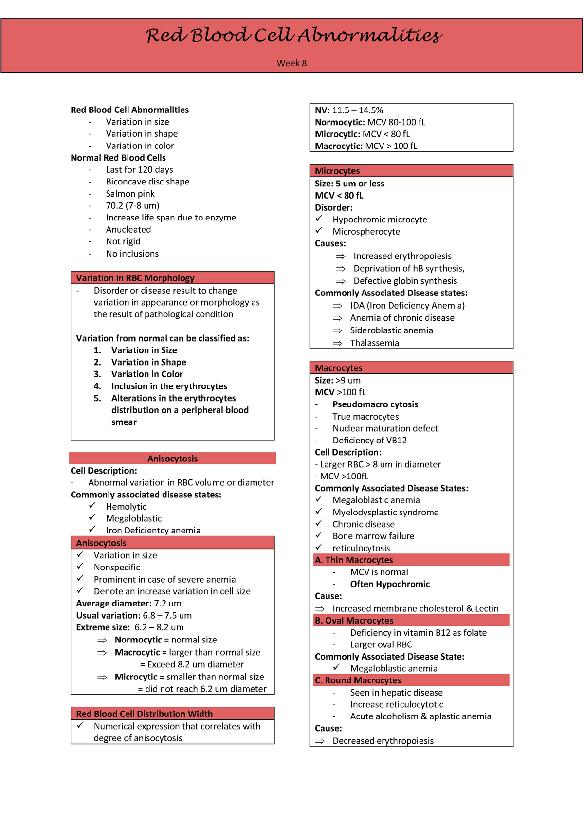 RBC Abnormalities 1 hematology lecture transes - Week 8 Red Blood Cell ...