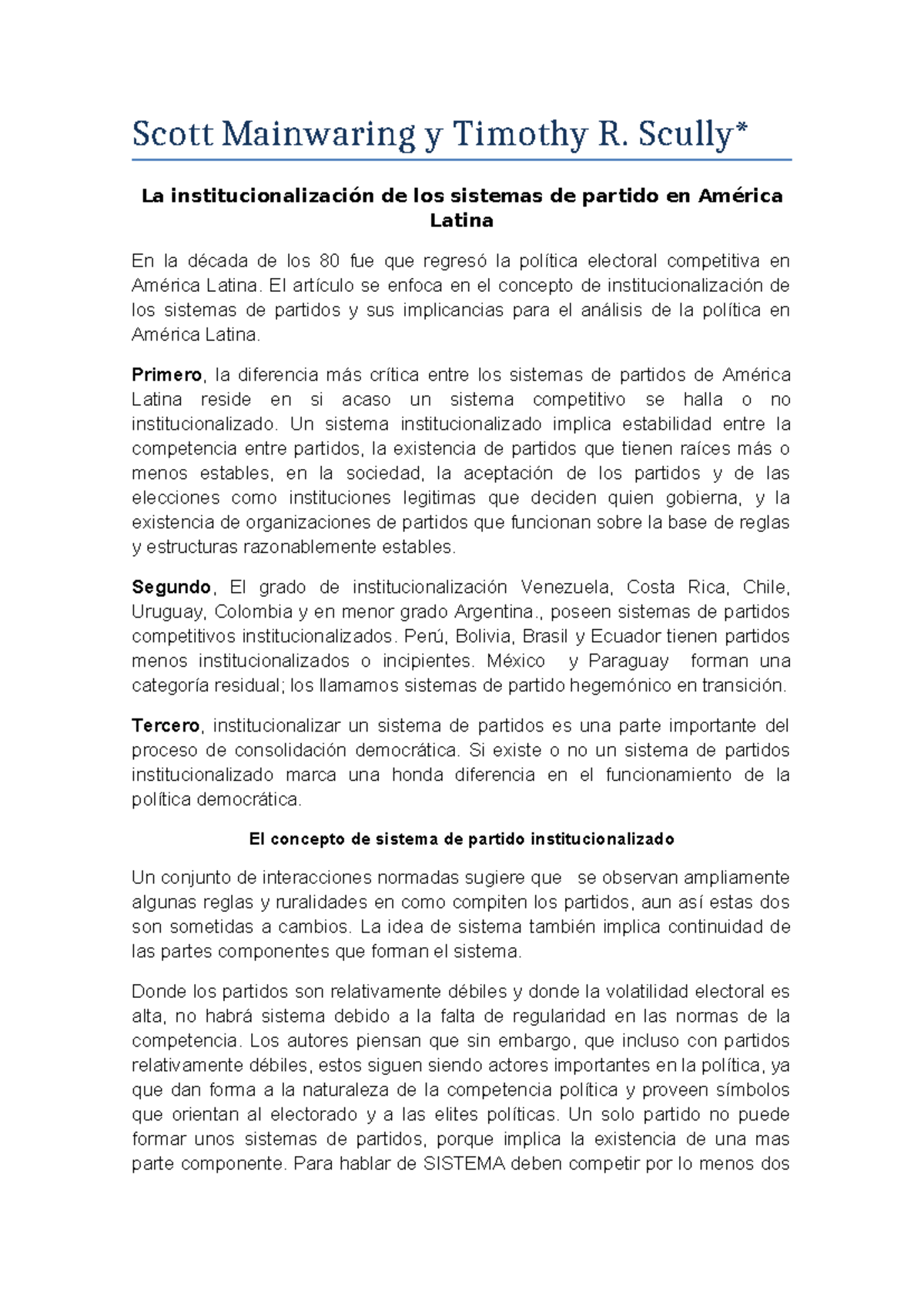 Scott Mainwaring y Timothy R - Scully* La institucionalización de los ...
