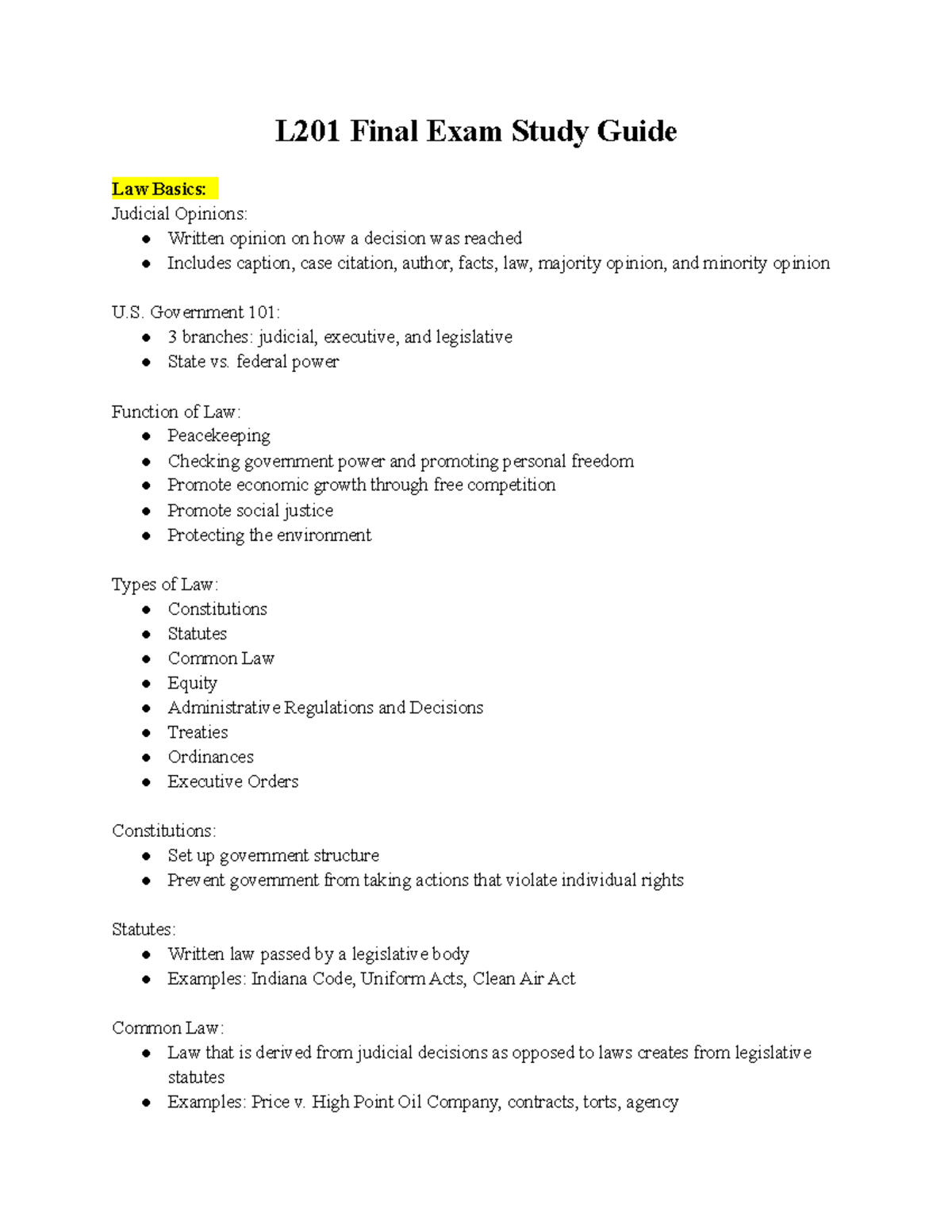 L201 Final Exam Study Guide - Government 101: 3 branches: judicial ...