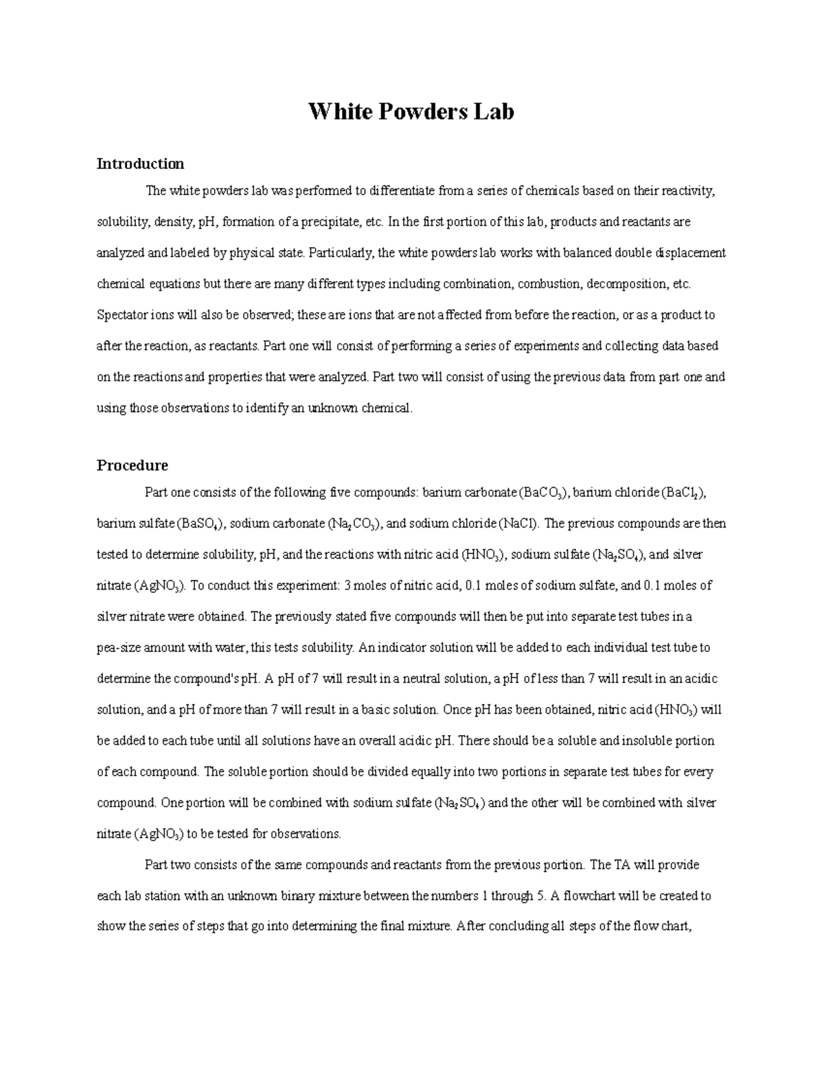 White Powders Lab Report Google Docs White Powders Lab Introduction