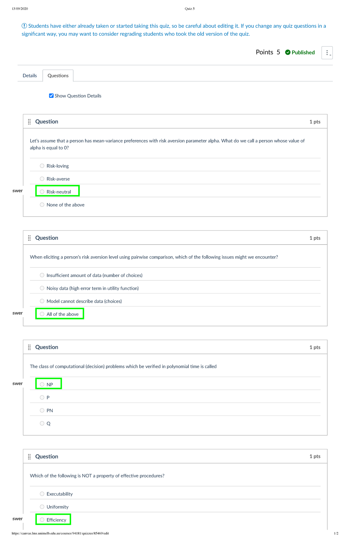 Weekly Quiz 5 Solutions - 13/09/2020 Quiz 5 canvas.lms.unimelb.edu ...