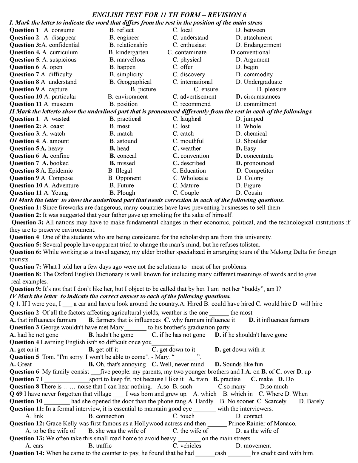 English Test For 11 Th Form Revision 6 ENGLISH TEST FOR 11 TH FORM 