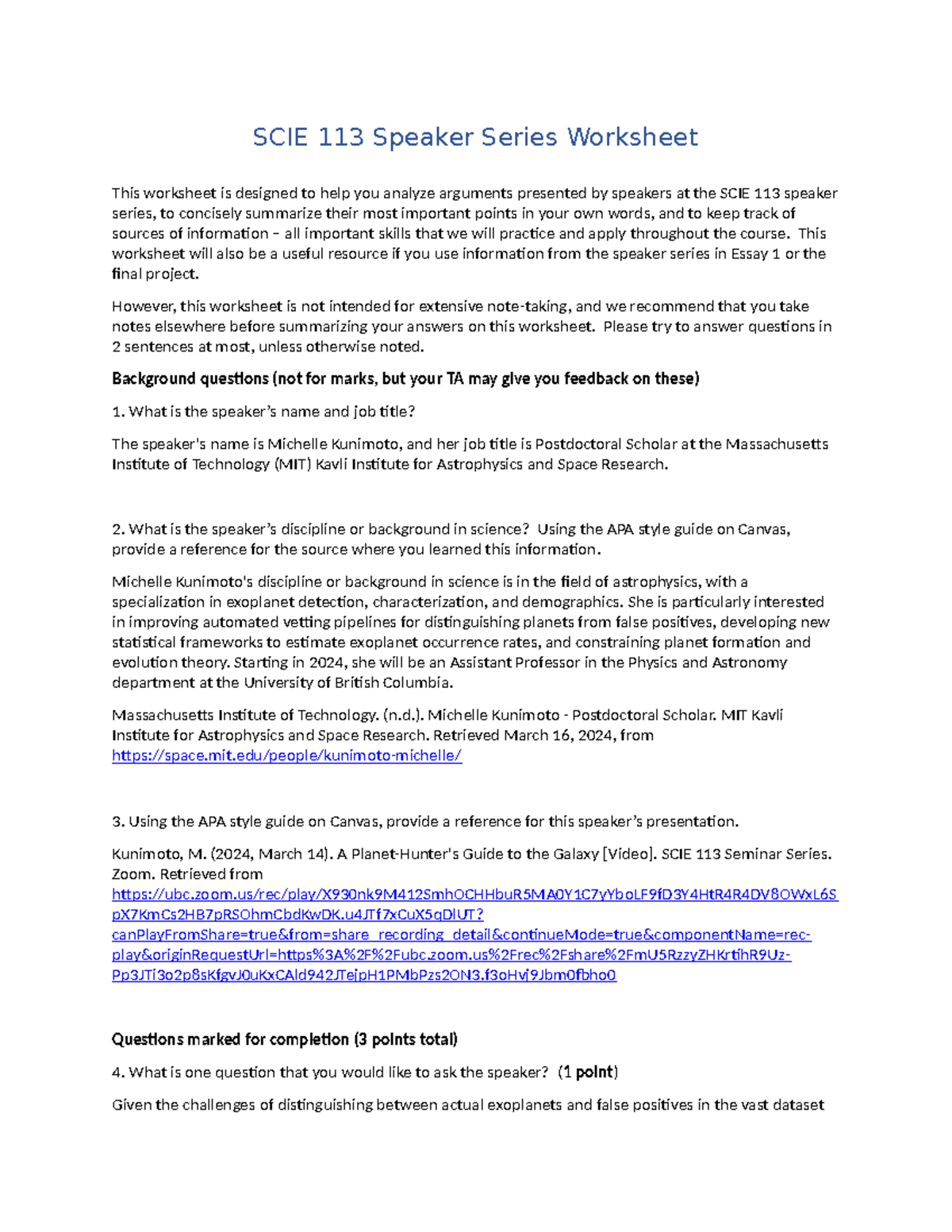 Chang 22312862 Speaker Series Worksheet 5 - SCIE 113 Speaker Series ...