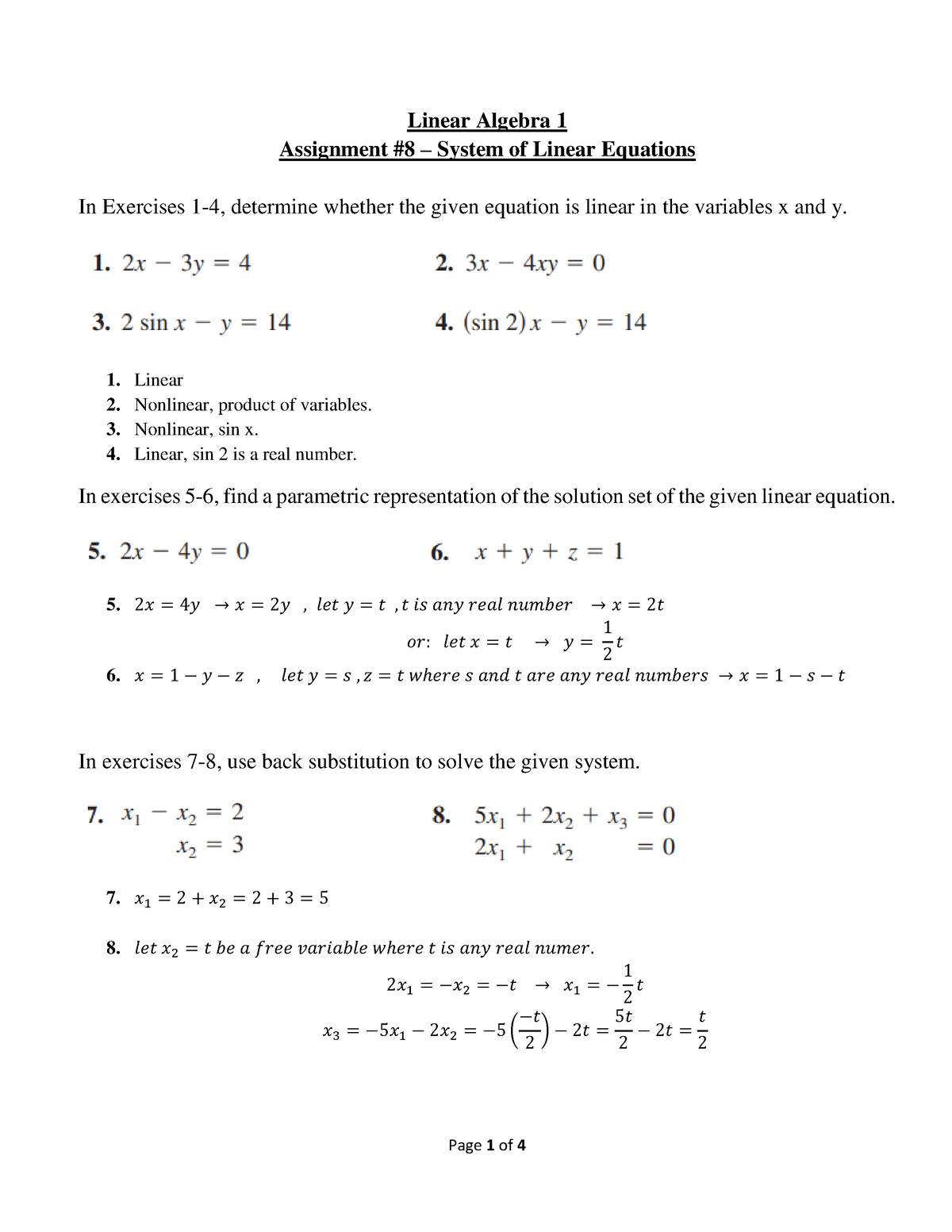 assignment on system of linear equations