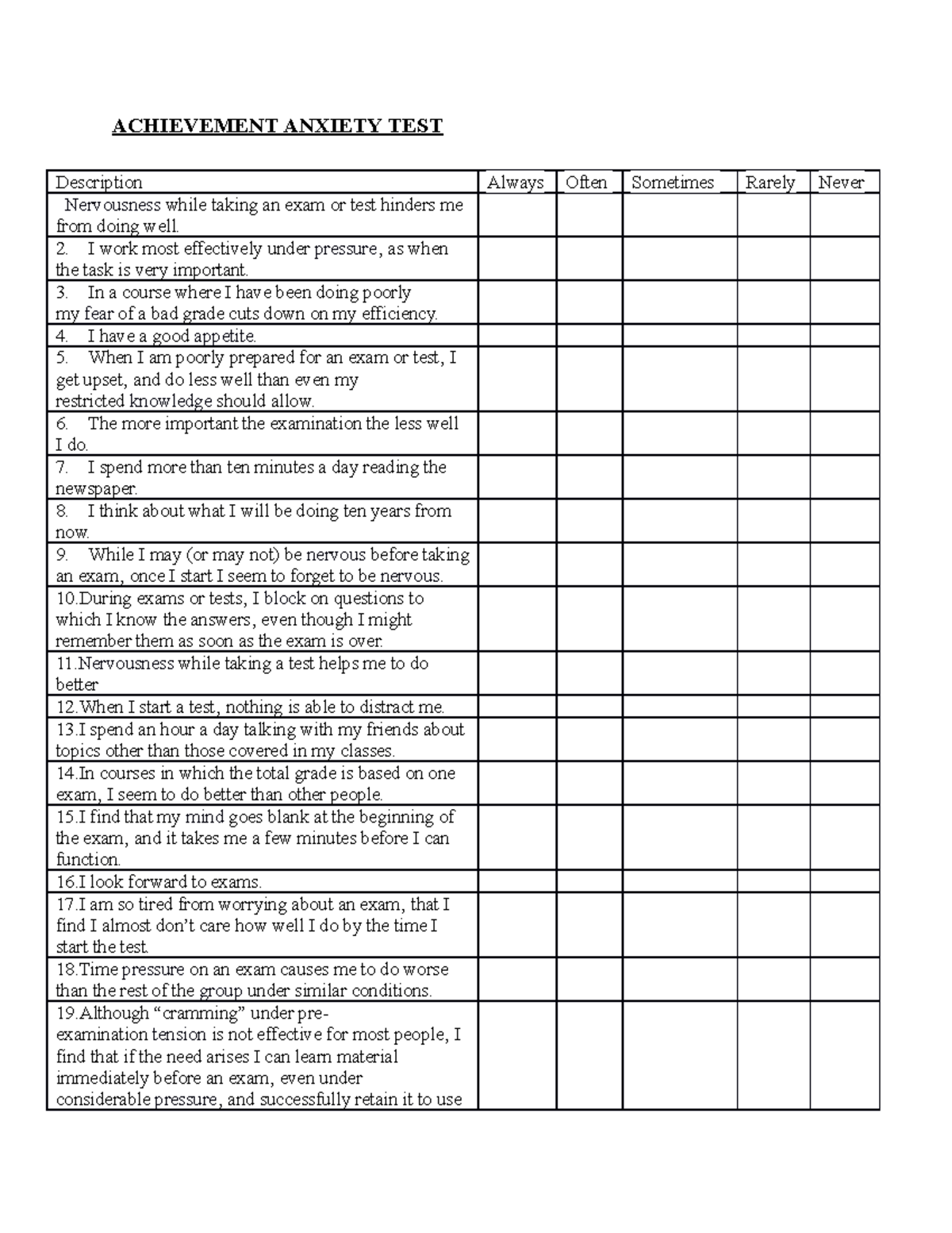 Achievement Anxiety TEST ACHIEVEMENT ANXIETY TEST Description Always