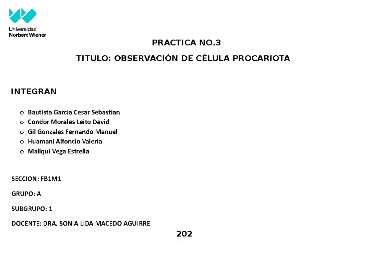 Celula Procariota PRACTICA NO. TITULO OBSERVACIÓN DE CÉLULA