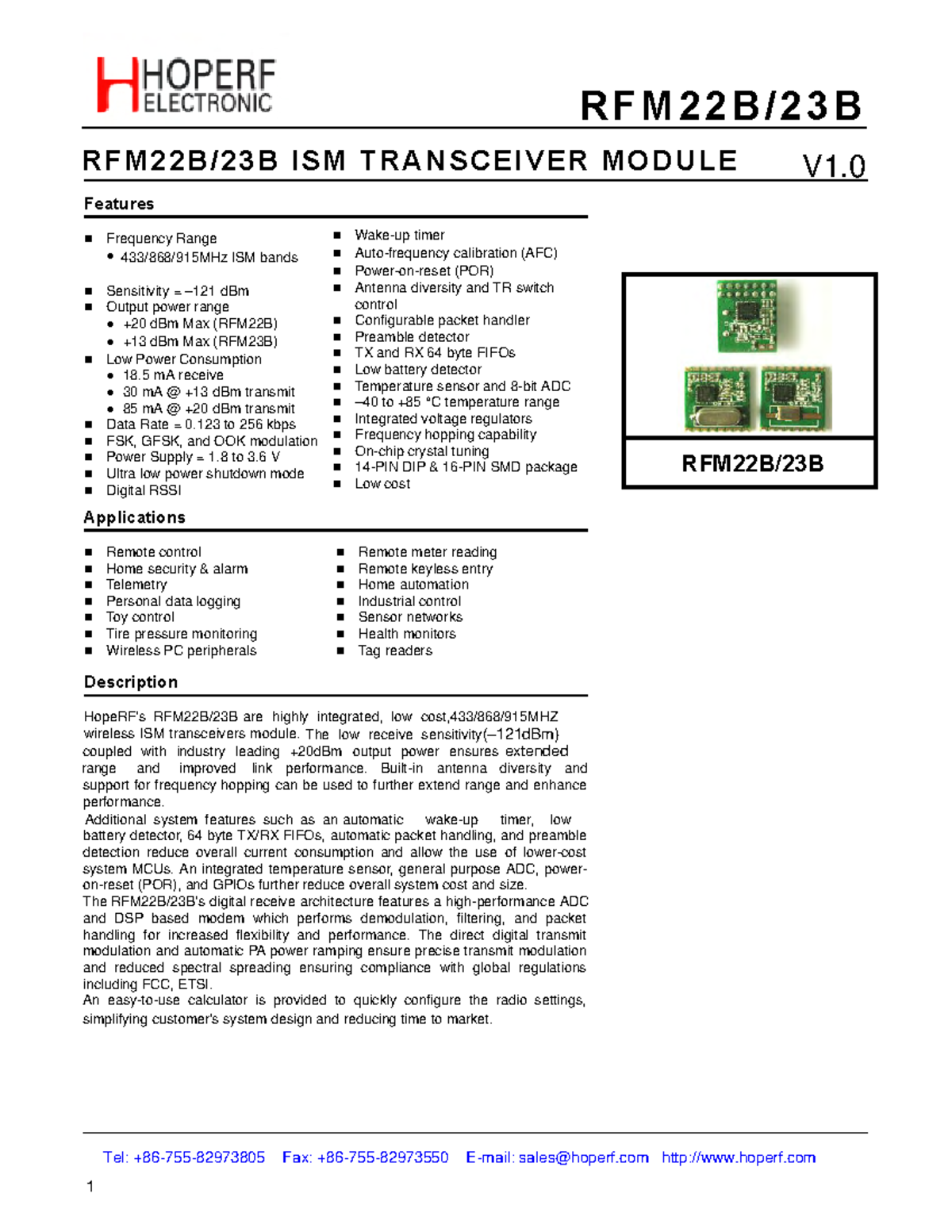 RFM22BW Datasheet - notes - RFM22B/23B ISM TRANSCEIVER MODULE Features ...