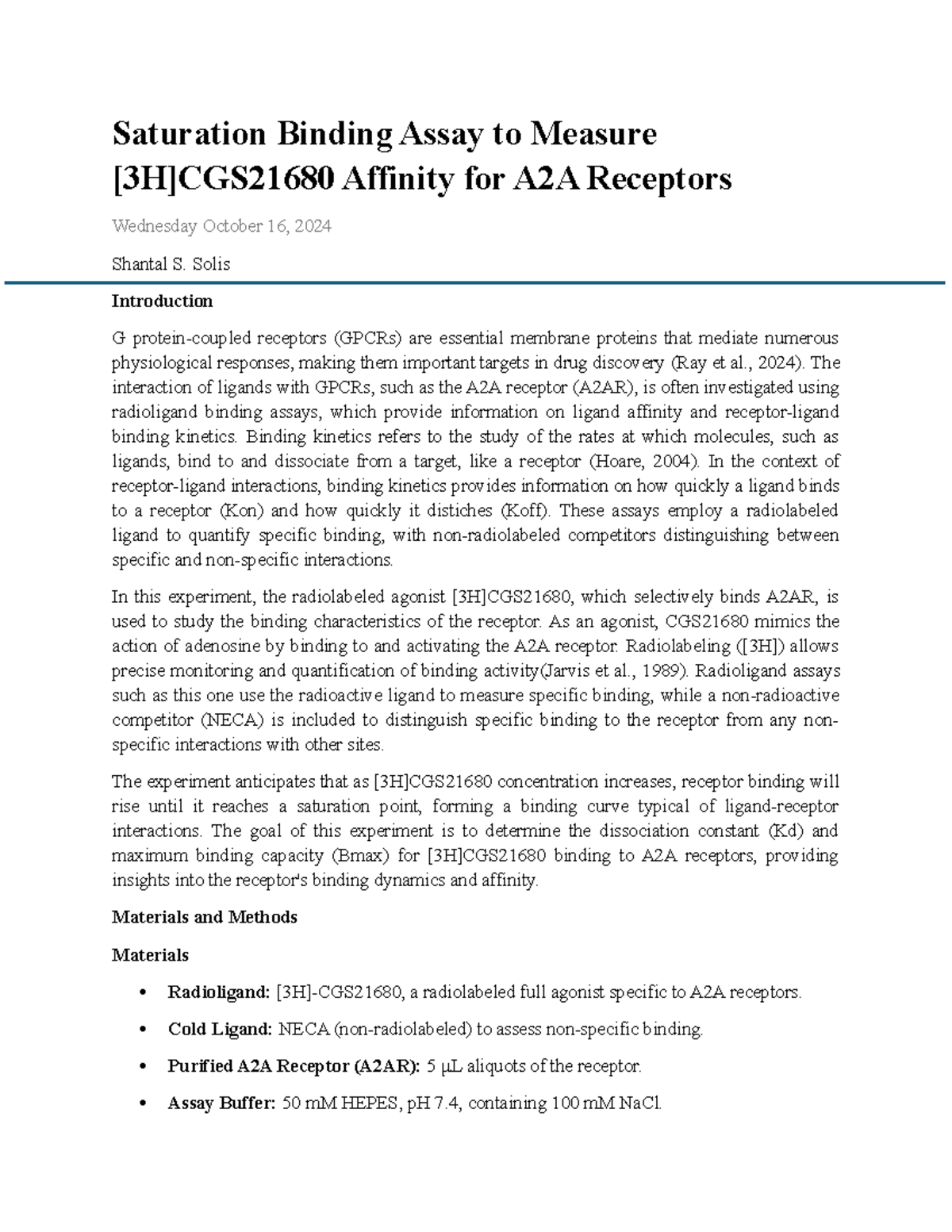 Lab report 1 GPCR - Saturation Binding Assay to Measure [3H]CGS21680 ...