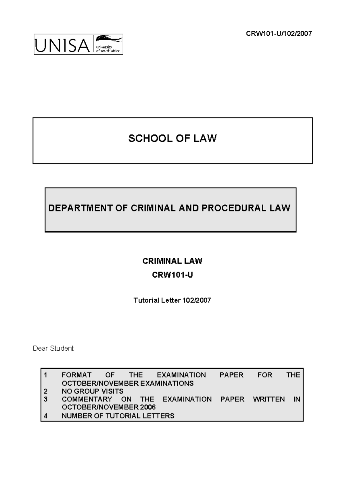 Exam 12 June 2016, Questions - SCHOOL OF LAW DEPARTMENT OF CRIMINAL AND ...