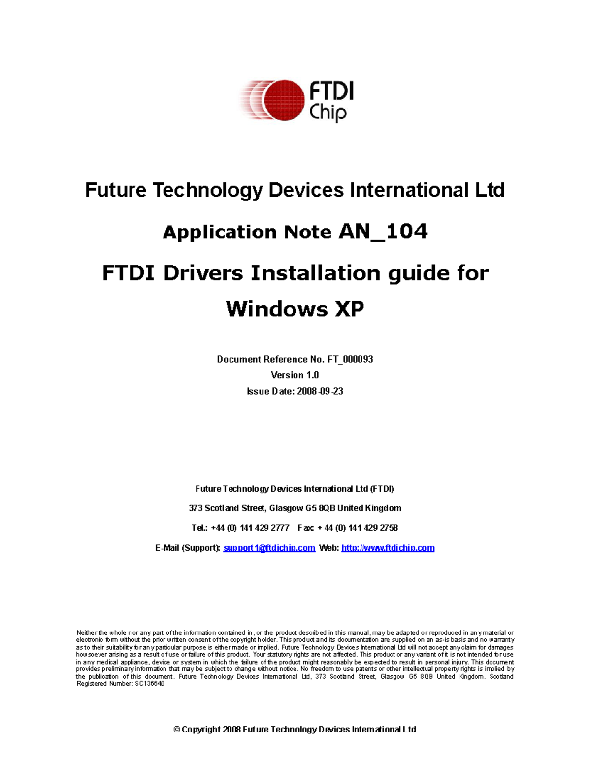 AN 104 FTDI Drivers Installation Guide for Windows XP(FT 000093 ...