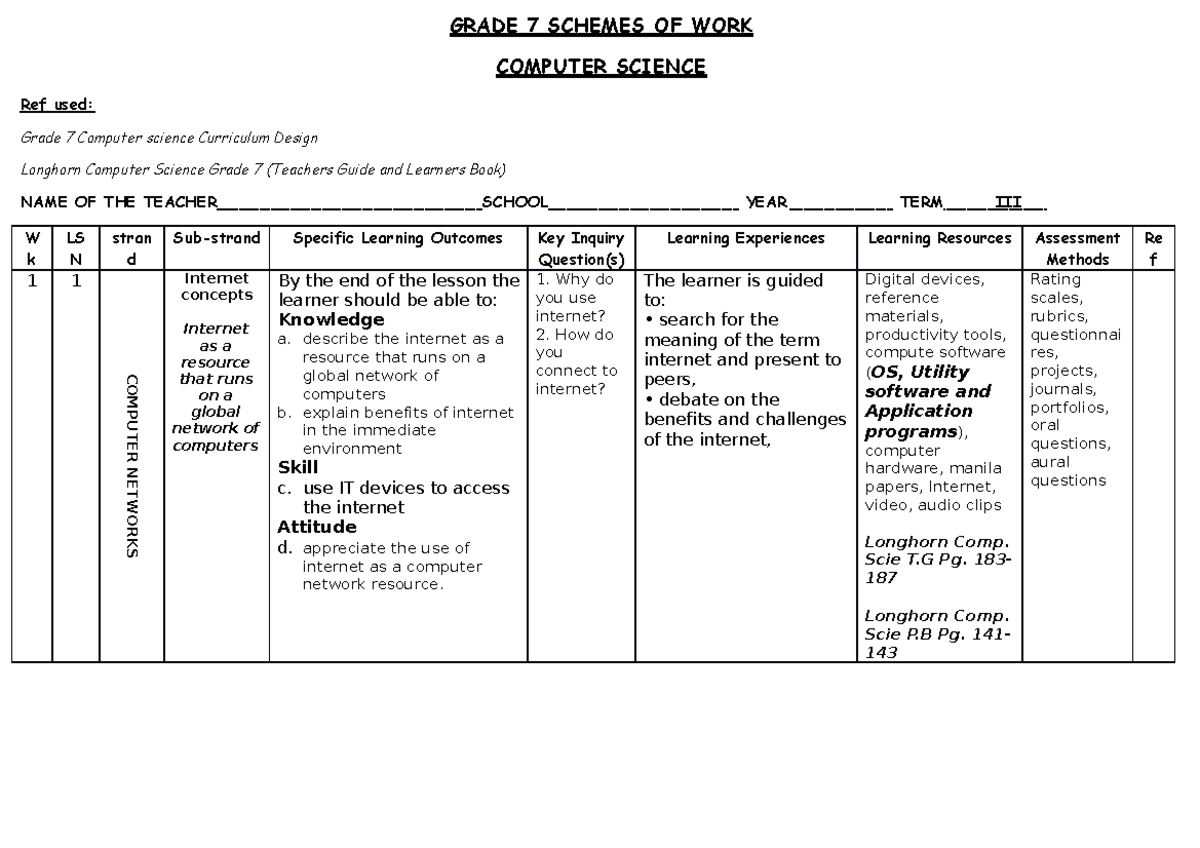 Grade 7 COMP SCIE TERM III - GRADE 7 SCHEMES OF WORK COMPUTER SCIENCE ...