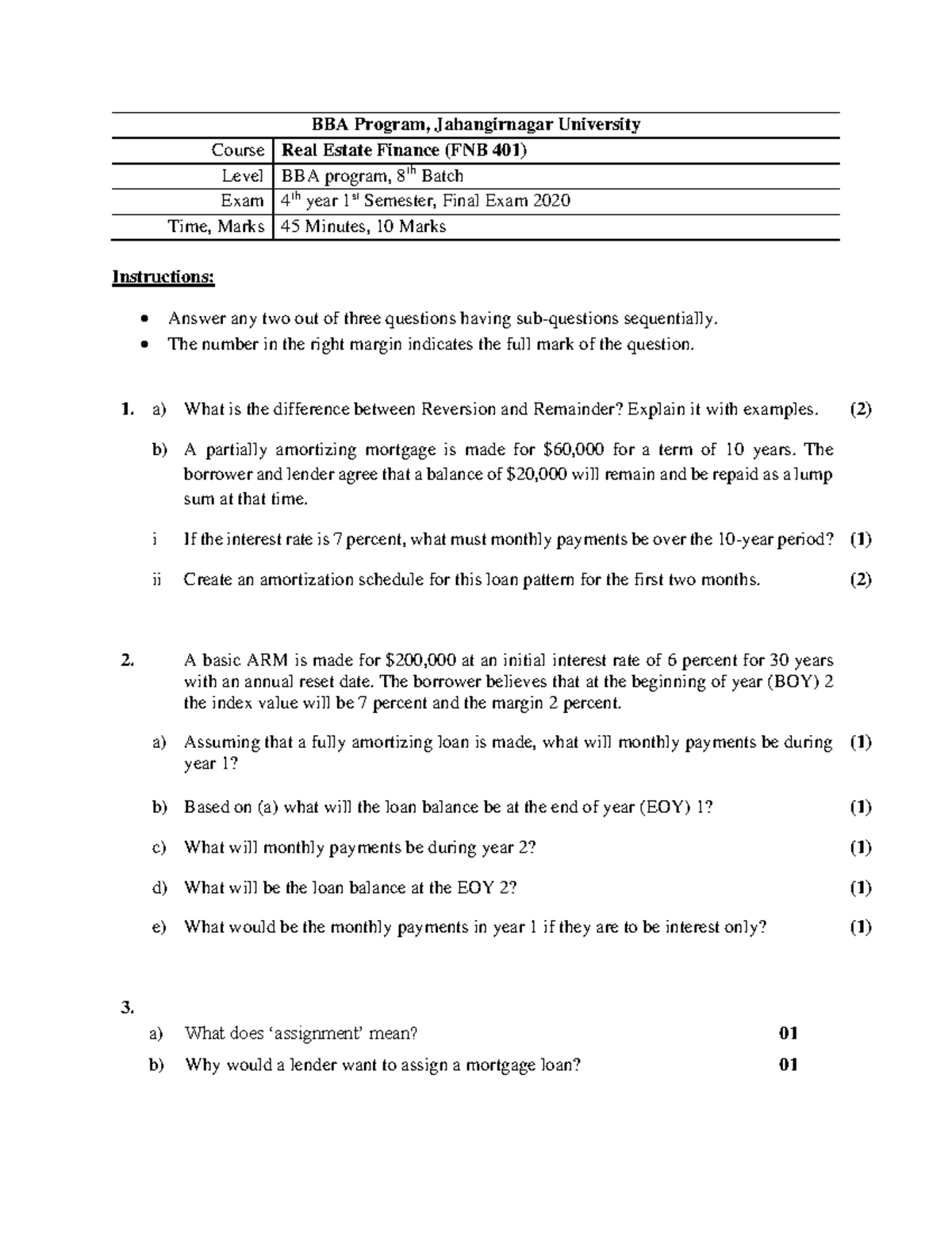 Final FNB 401 Real Estate Finance Final Question BBA Program