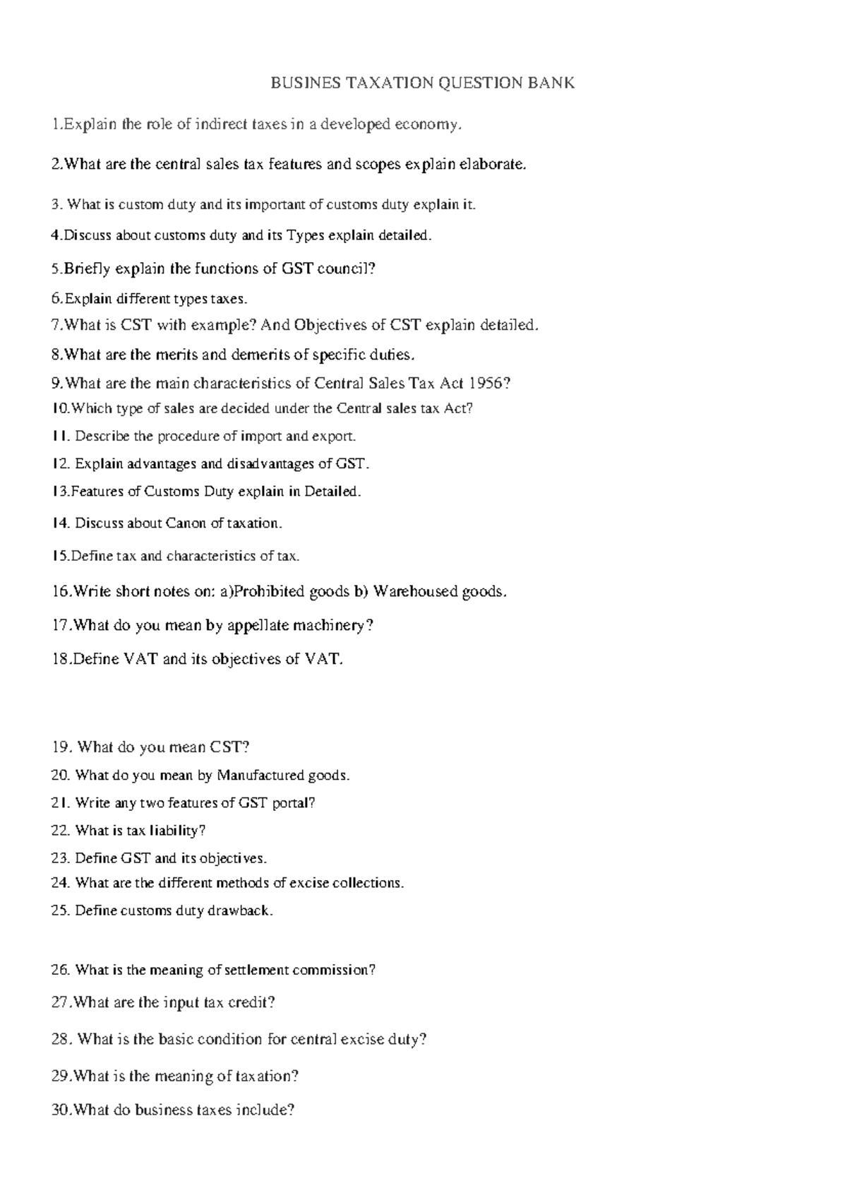 BT important questions-2 - BUSINES TAXATION QUESTION BANK 1 the role of ...