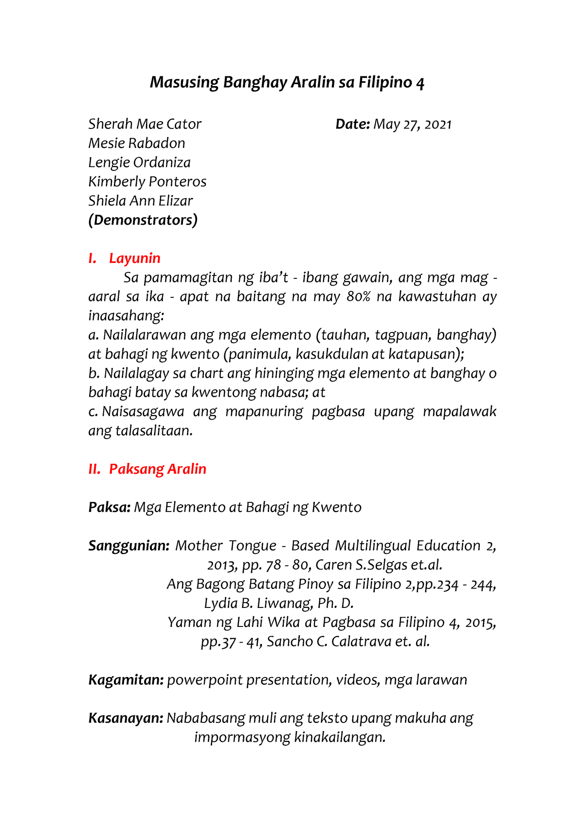 Masusing Banghay Aralin Sa Filipino 4 Layunin Sa Pamamagitan Ng Ibat Ibang Gawain Ang Mga 