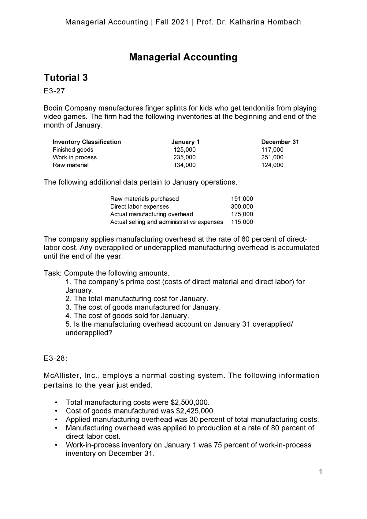 Tutorial Managerial Accounting 3 Managerial Accounting Fall 2021 Prof Dr Katharina 6388