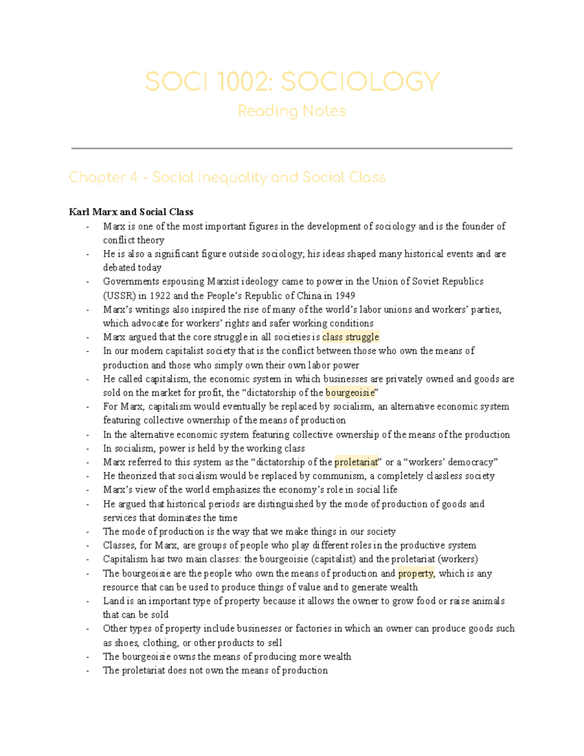 SOCI-1002H Reading Notes (social inequality and more) - SOCI 1002 ...