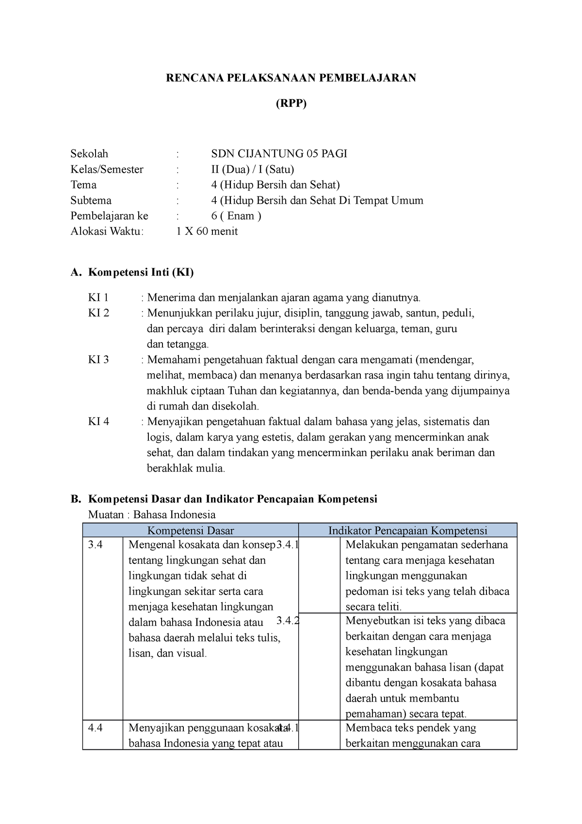 Rpp Kelas 2 Tema 4 Subtema 4 Pb 6 Rencana Pelaksanaan Pembelajaran Rpp Sekolah Sdn 7638