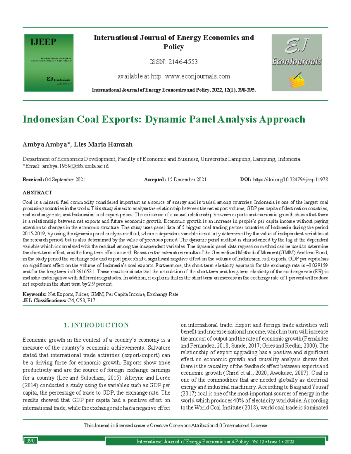 Indonesian Coal Exports Dynamic Panel An - International Journal of ...