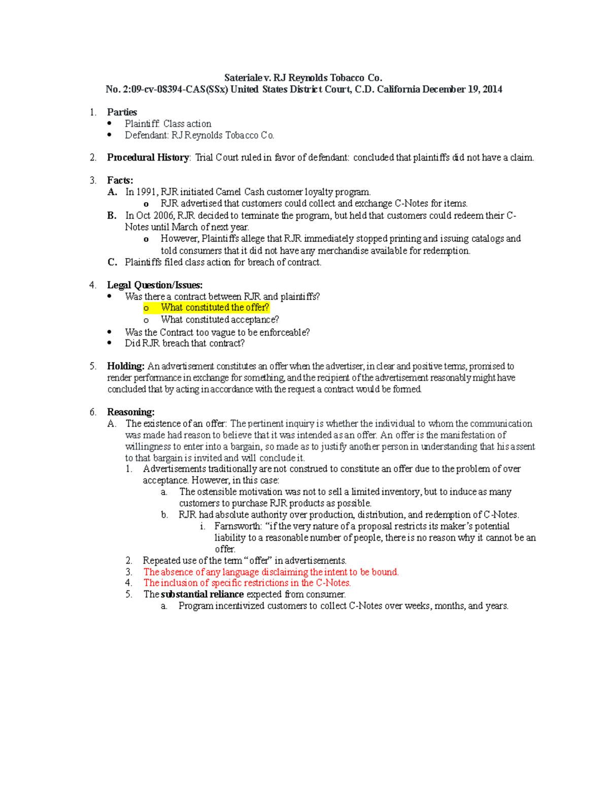 Sateriale v Case Brief Sateriale v. RJ Reynolds Tobacco Co. No