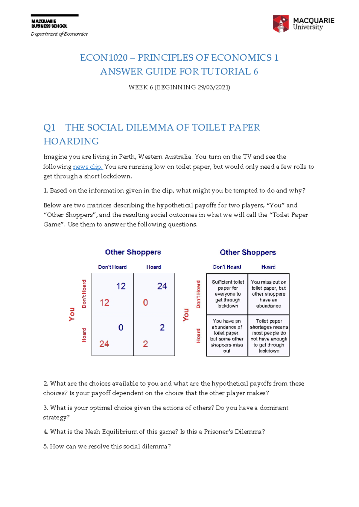 ECON1020 S1 2021 Tutorial 6 - Answer Guide i Learn - BUSINESS SCHOOL ...