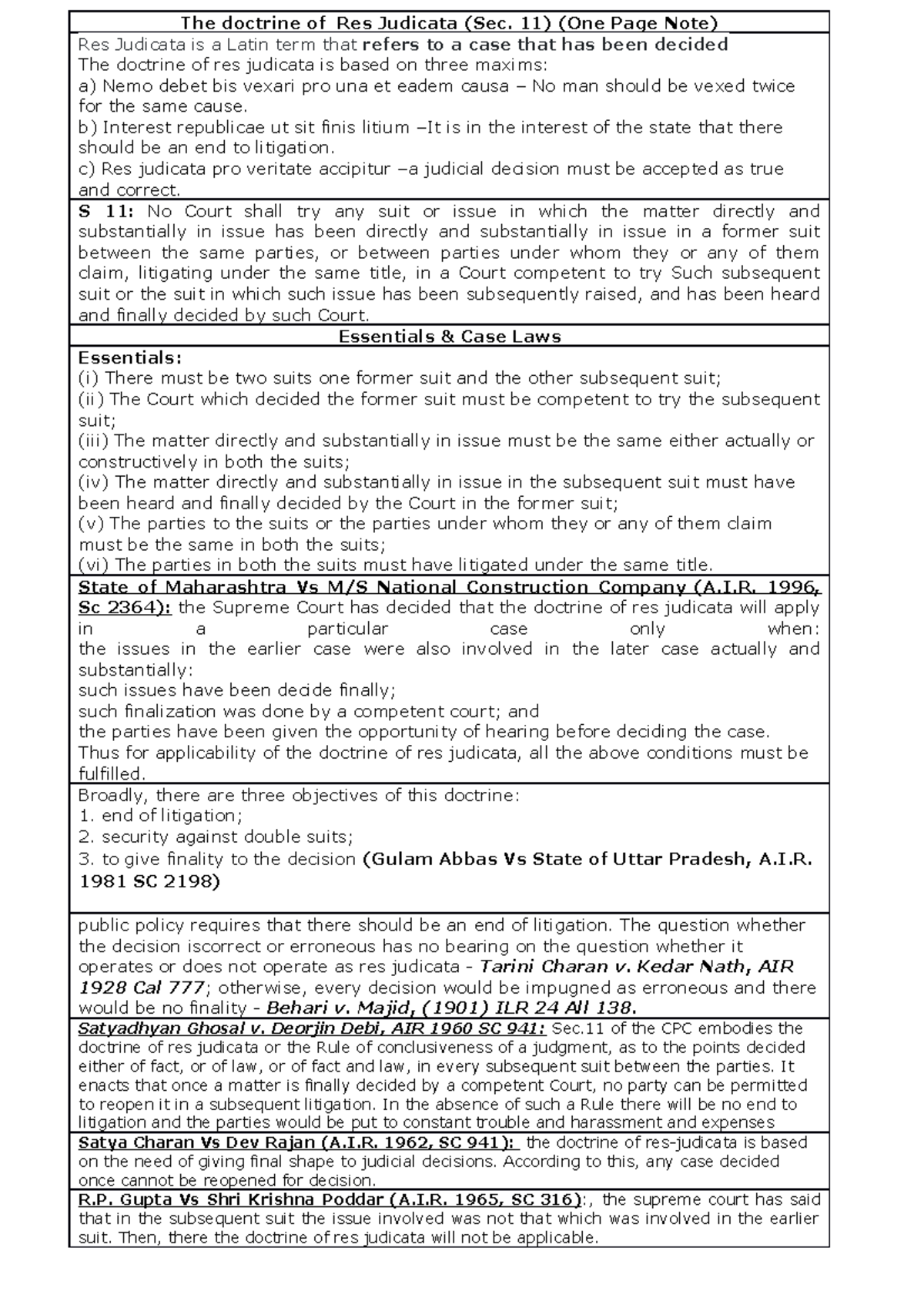 The Doctrine Of Res Judicata - One Page Note - The Doctrine Of Res ...