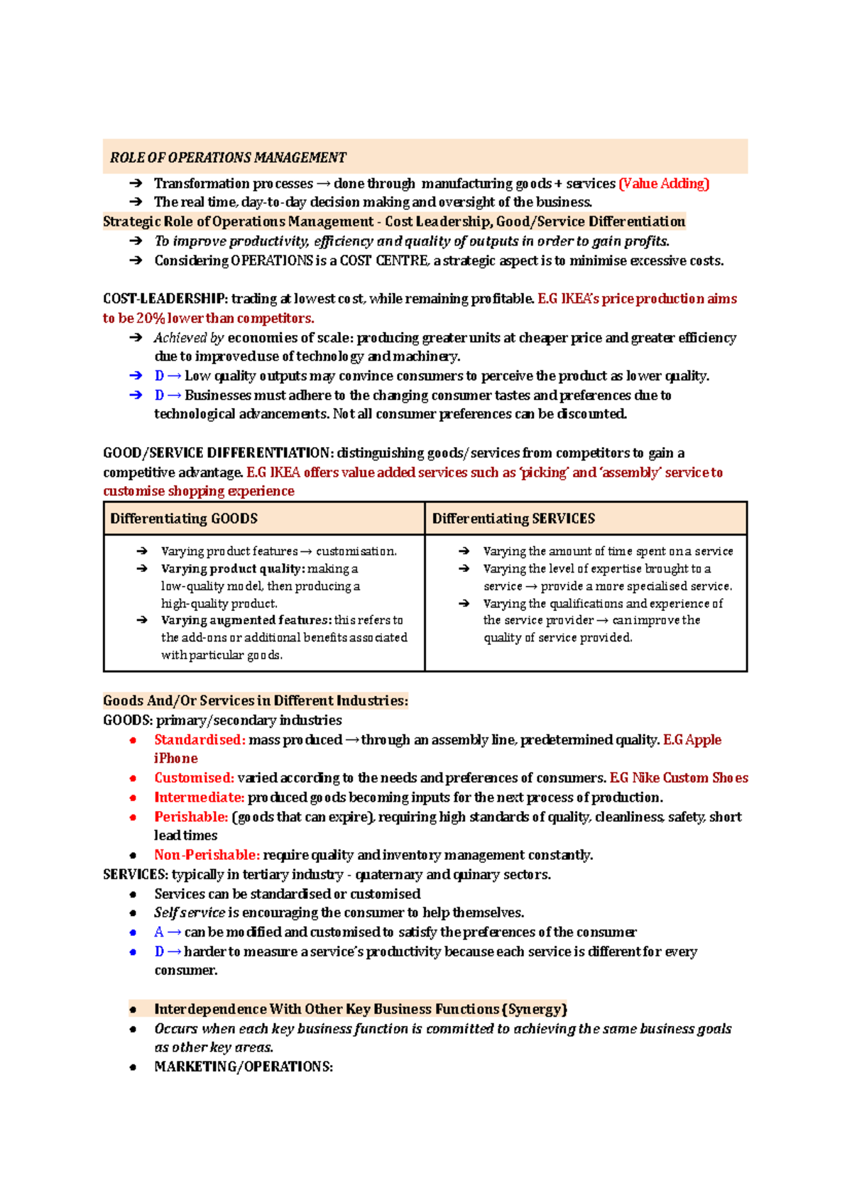 Final HSC Business Notes - ROLE OF OPERATIONS MANAGEMENT Transformation ...