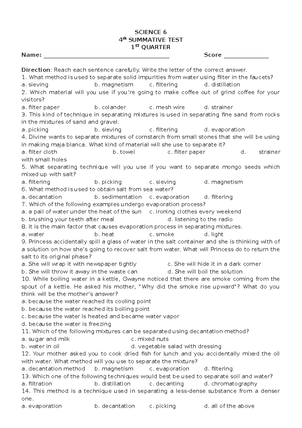 Science 6 Summative TEST NO. 4 SCIENCE 6 4 th SUMMATIVE TEST 1 ST