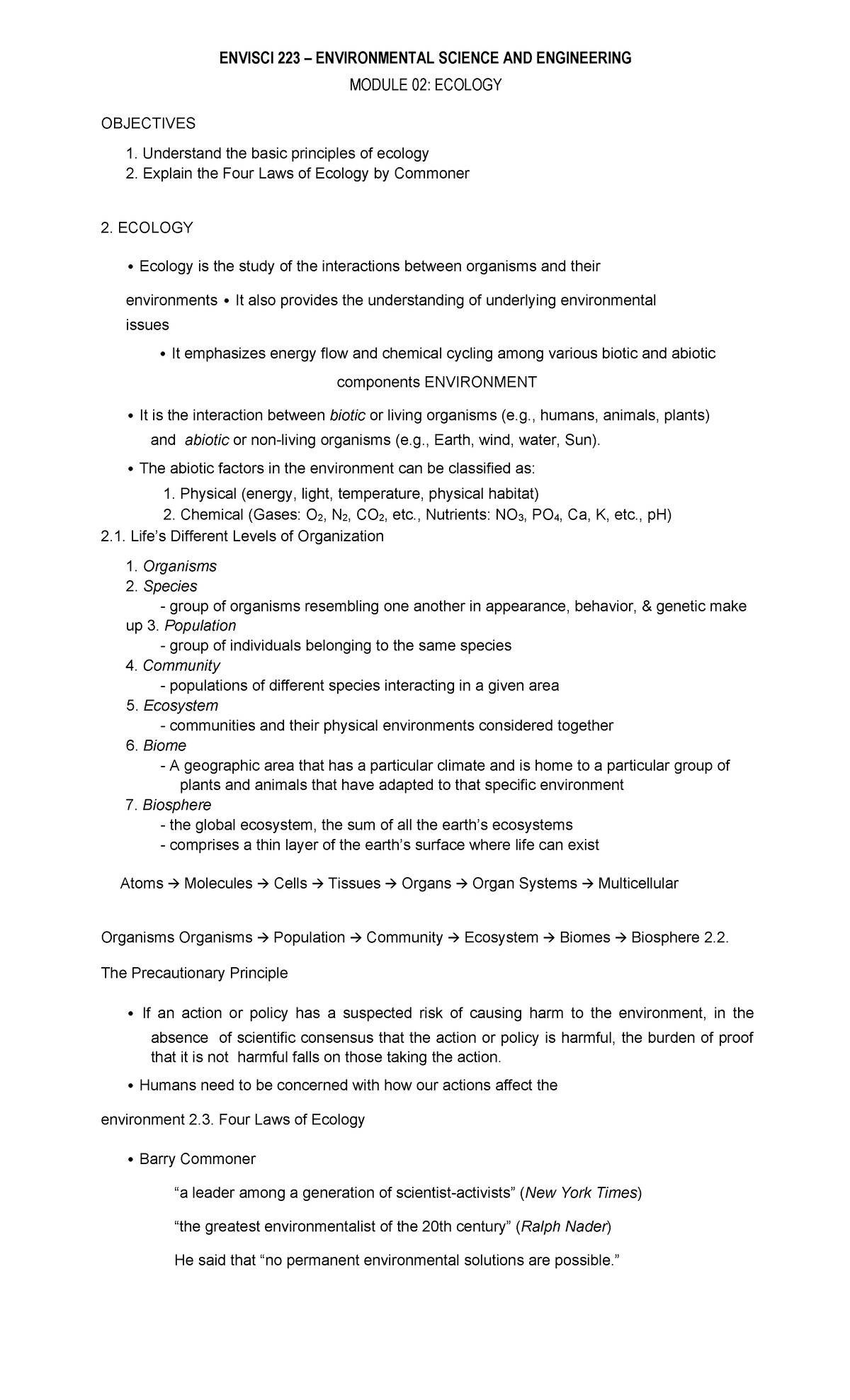 Module 02 - Ecology - ENVISCI 223 – ENVIRONMENTAL SCIENCE AND ...