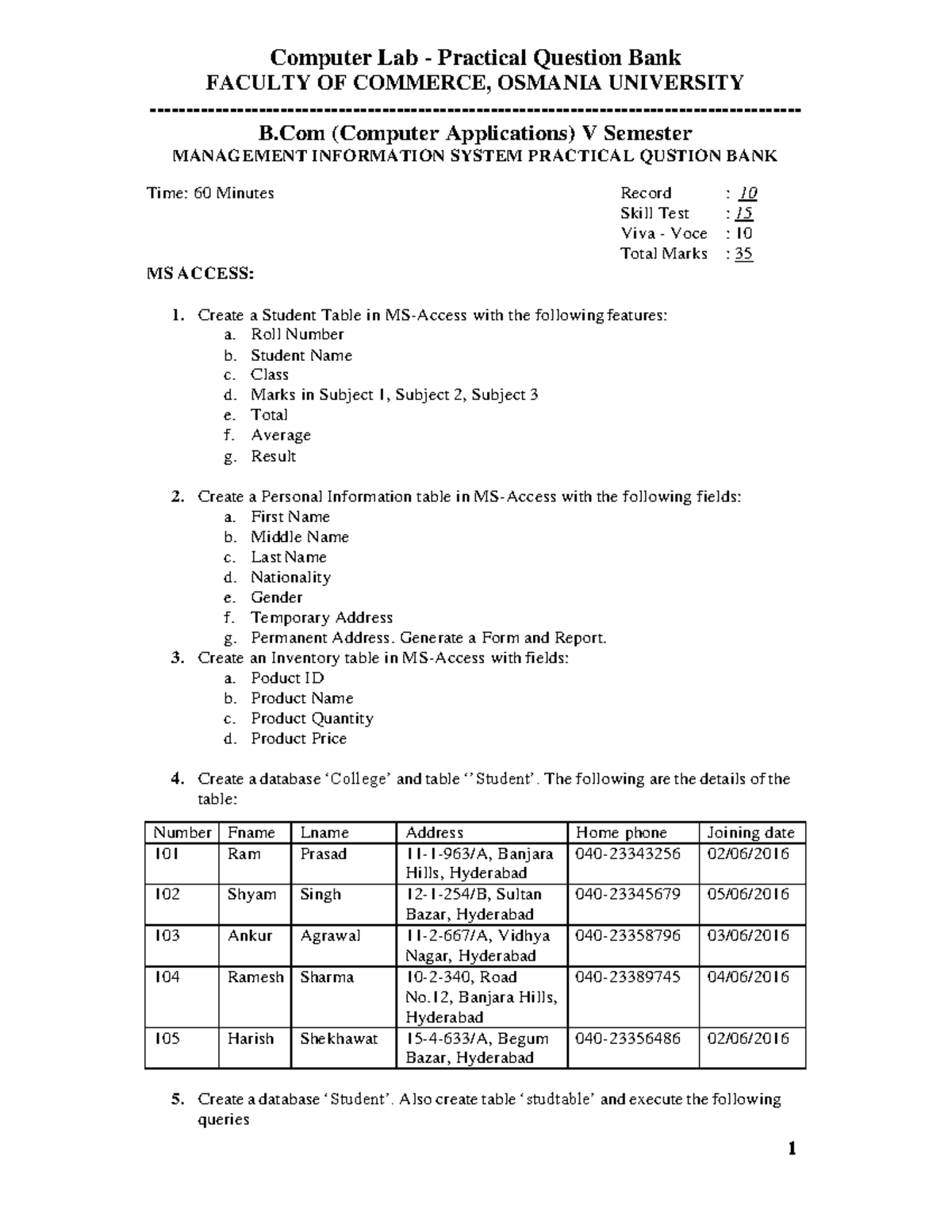 MIS-Practical Question Bank - Computer Lab - Practical Question Bank ...