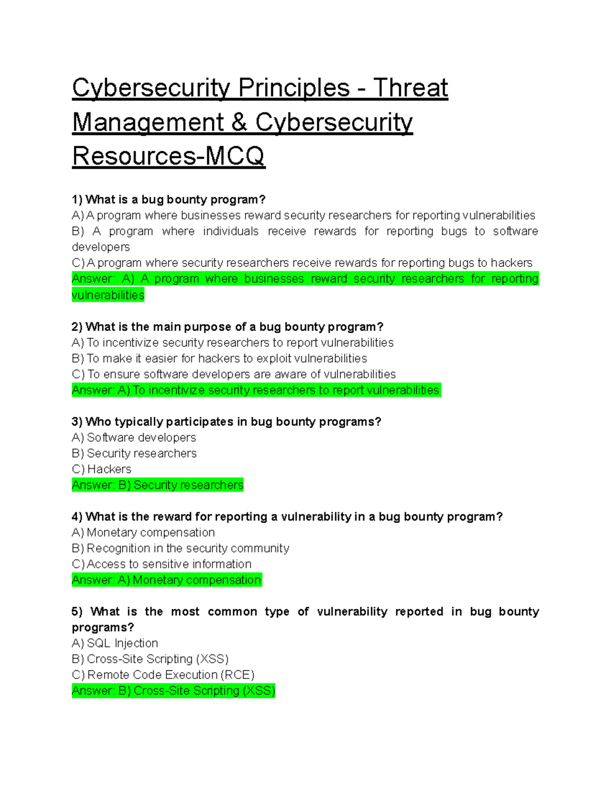 Bug Bounties - MCQ - Cybersecurity Principles - Threat Management ...